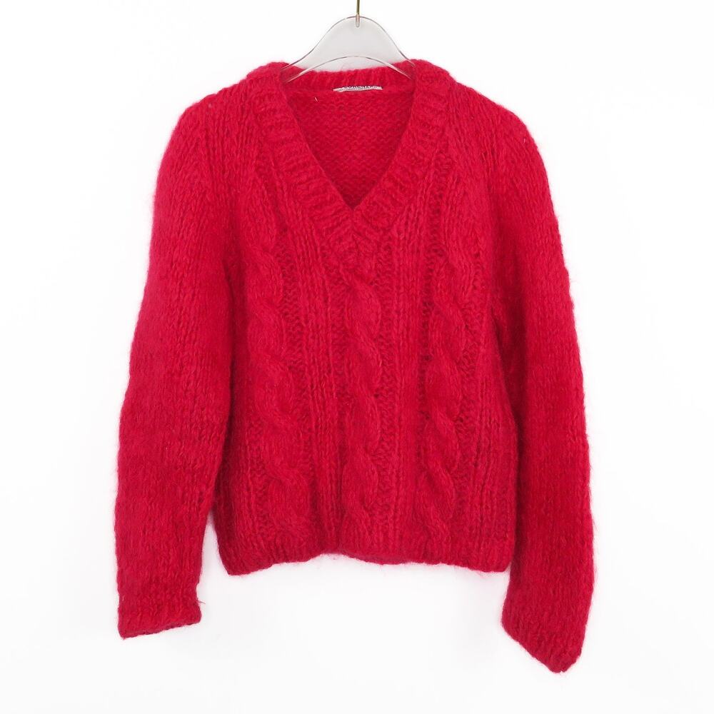 1970s Florenza Vintage Sweater Pink Red Wool Knit V-Neck Sweater Medium